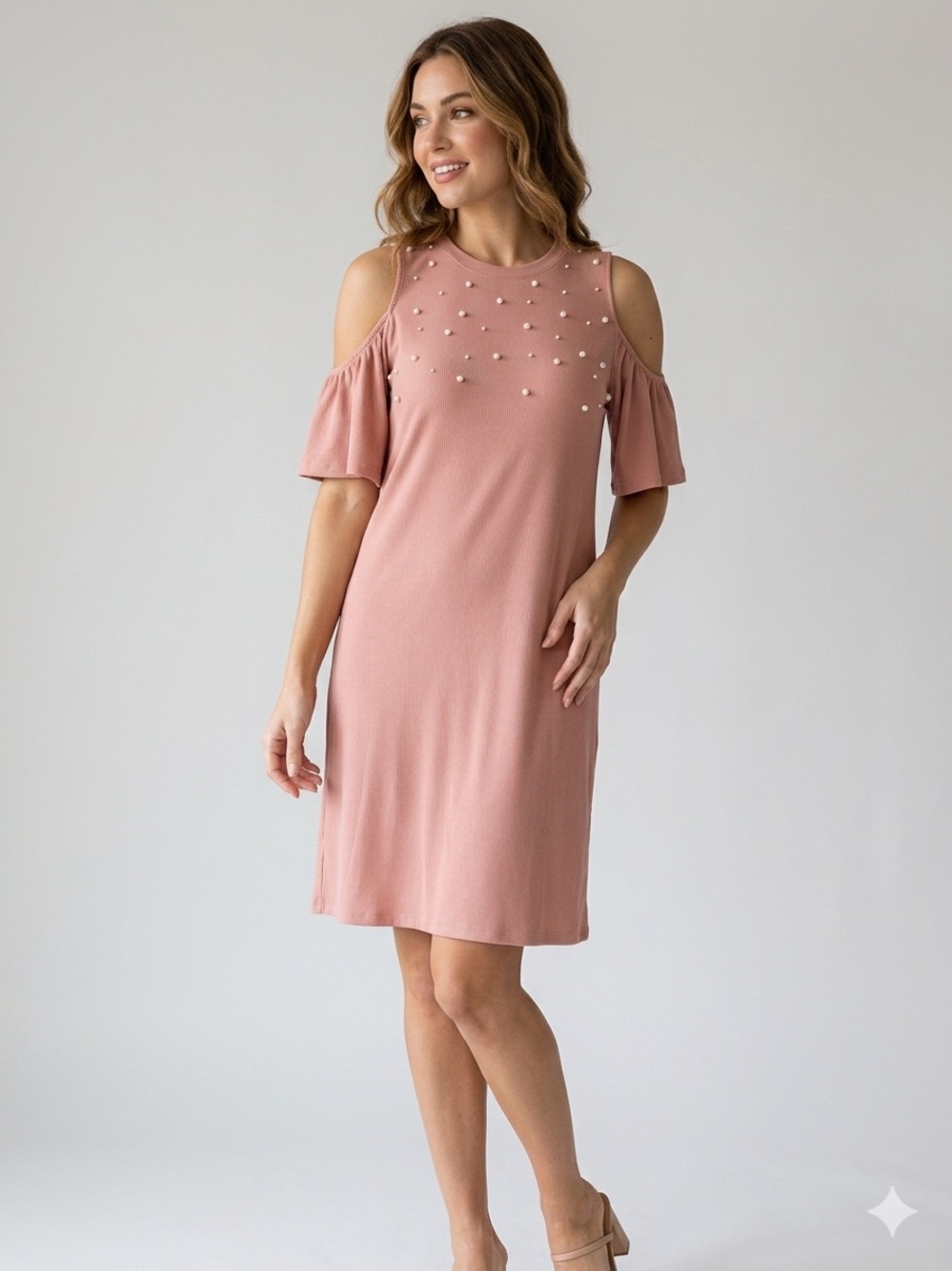 Hem & Thread Blush Pink Ribbed Cold Shoulder Dress with Pearls NWT